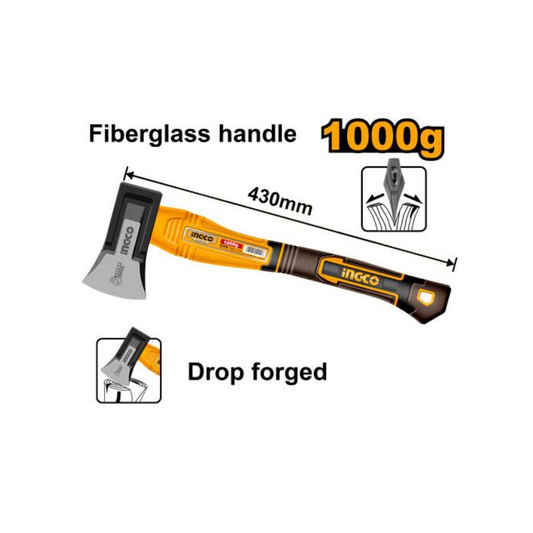 Hacha 1000g x430mm  con mango de fibra de vidrio, caída forjada