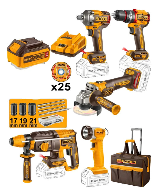 Combo 5x1 rotomartillo + llave de impacto + taladro + esmeriladora + lampara